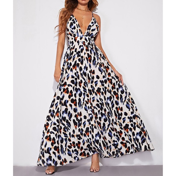 White Black Leopard Print Cross Back Flowy Cami Maxi Dress - Picture 5 of 6